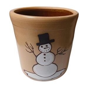 MAPLE CITY POTTERY Salt Glazed Snowman Planter Utensil Holder Stamped Year 2000